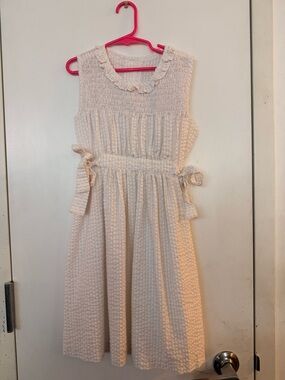 Bonnie Jean Cream seersucker metallic striped Ruffle smocked Dress